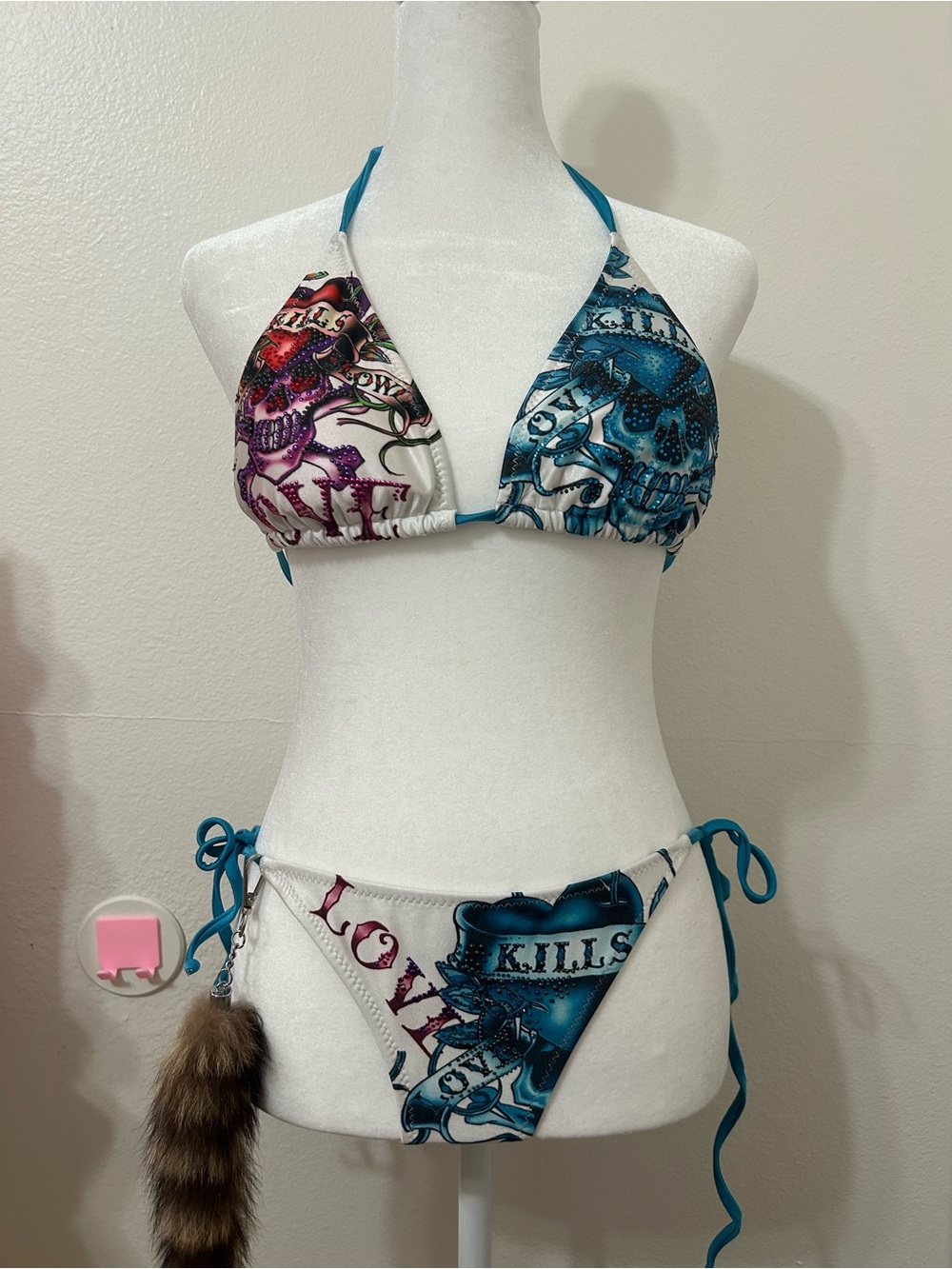 Graphic Skull Print Triangle Bikini with Rhinestones